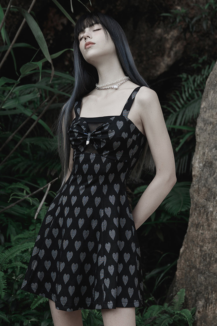 Black/Grey Heart Print Pattern Suspender Hollow Mesh Metal PU Buckle Bow Design Sleeveless Women's Punk Dress