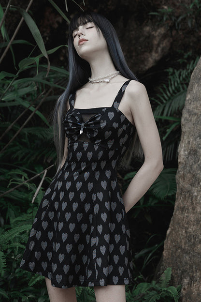 Black/Grey Heart Print Pattern Suspender Hollow Mesh Metal PU Buckle Bow Design Sleeveless Women's Punk Dress
