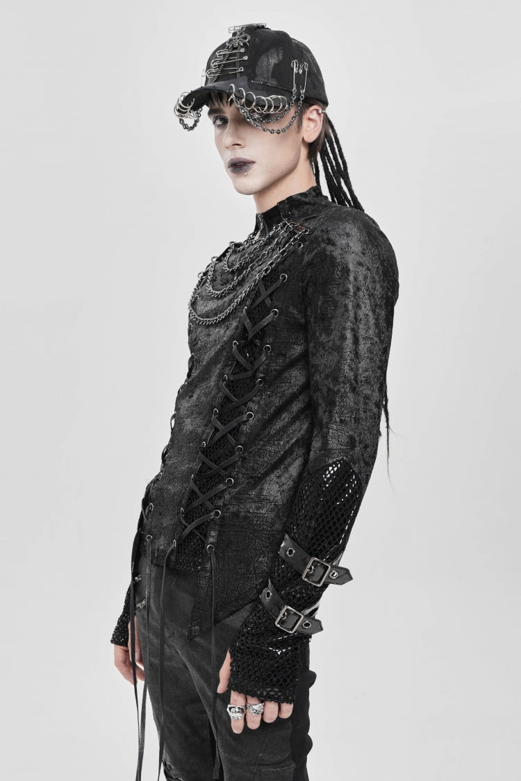 Black Stitching Lace-Up Mesh Chain Men's Punk Blouse