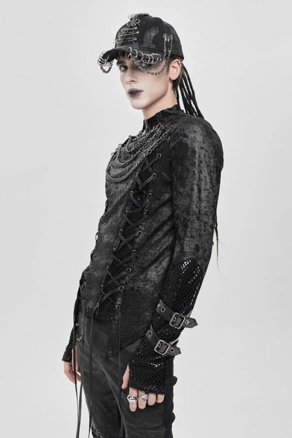 Black Stitching Lace-Up Mesh Chain Men's Punk Blouse
