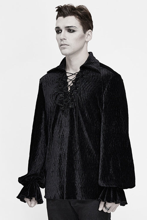 Black Velvet Elastic Lantern Sleeves Mens Gothic Blouse