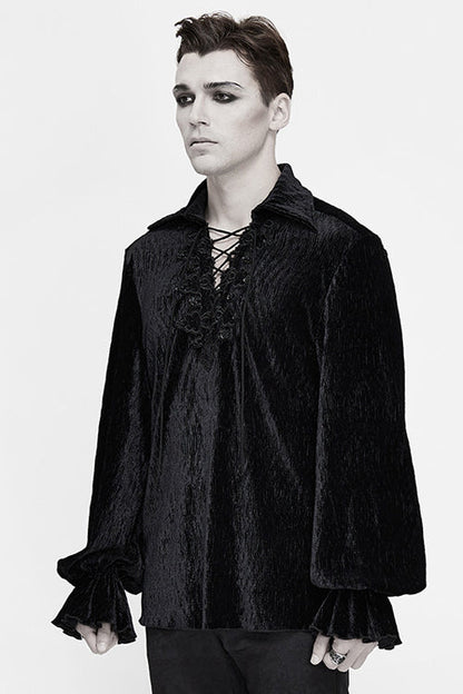 Black Velvet Elastic Lantern Sleeves Mens Gothic Blouse