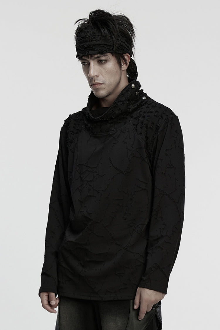 Black Stand Collar Long Sleeves Embroidered Ripped Studded Loose Men's Punk T-Shirt