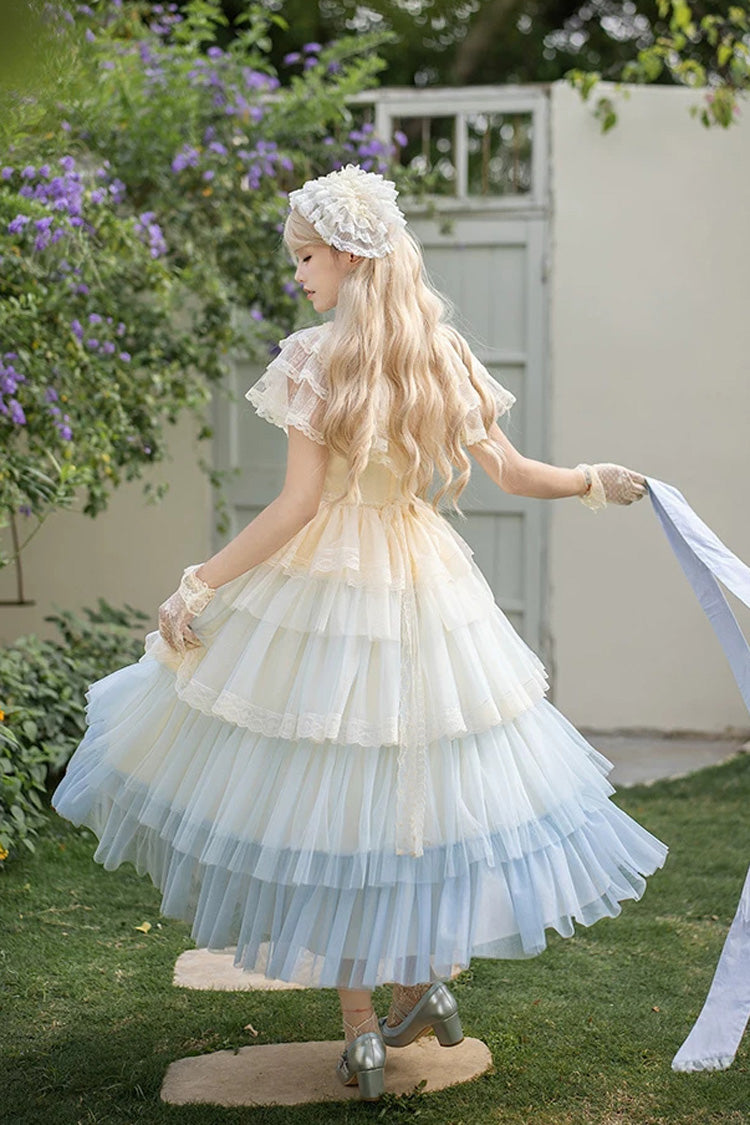 Blue [Sincere Vow] Edwardian Collar Short Sleeves Ombre Multi-Layered Ruffled Embroidered Sweet Lolita Dress