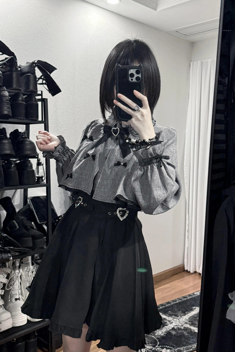 Black/Grey Long Sleeves Ruffled Double Heart Buckle Japanese Jirai Kei Set