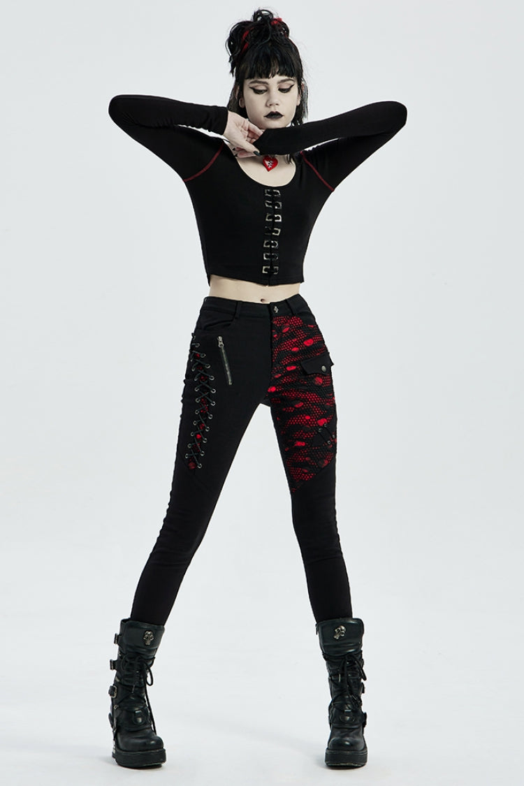 Buttonhole Drawstring Stitching Lace-Up Mesh Women's Steampunk Skinny Jeans Pants 2 Colors