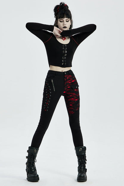 Buttonhole Drawstring Stitching Lace-Up Mesh Women's Steampunk Skinny Jeans Pants 2 Colors