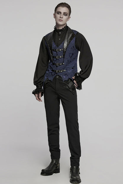 Black/Blue Lapel V-neck Sleeveless Jacquard Buckle Men's Gothic Vest