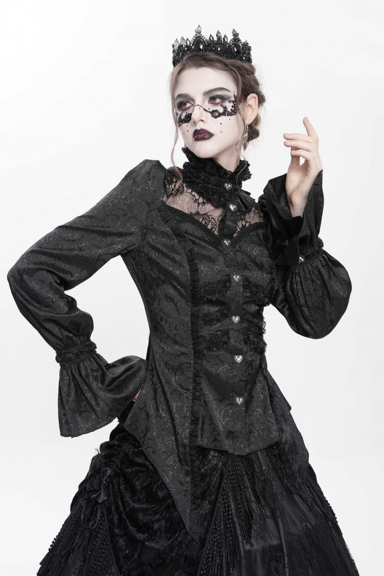 Black Stand Collar Long Sleeves Jacquard Hollow Lace Women's Gothic Blouse