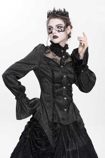 Black Stand Collar Long Sleeves Jacquard Hollow Lace Women's Gothic Blouse