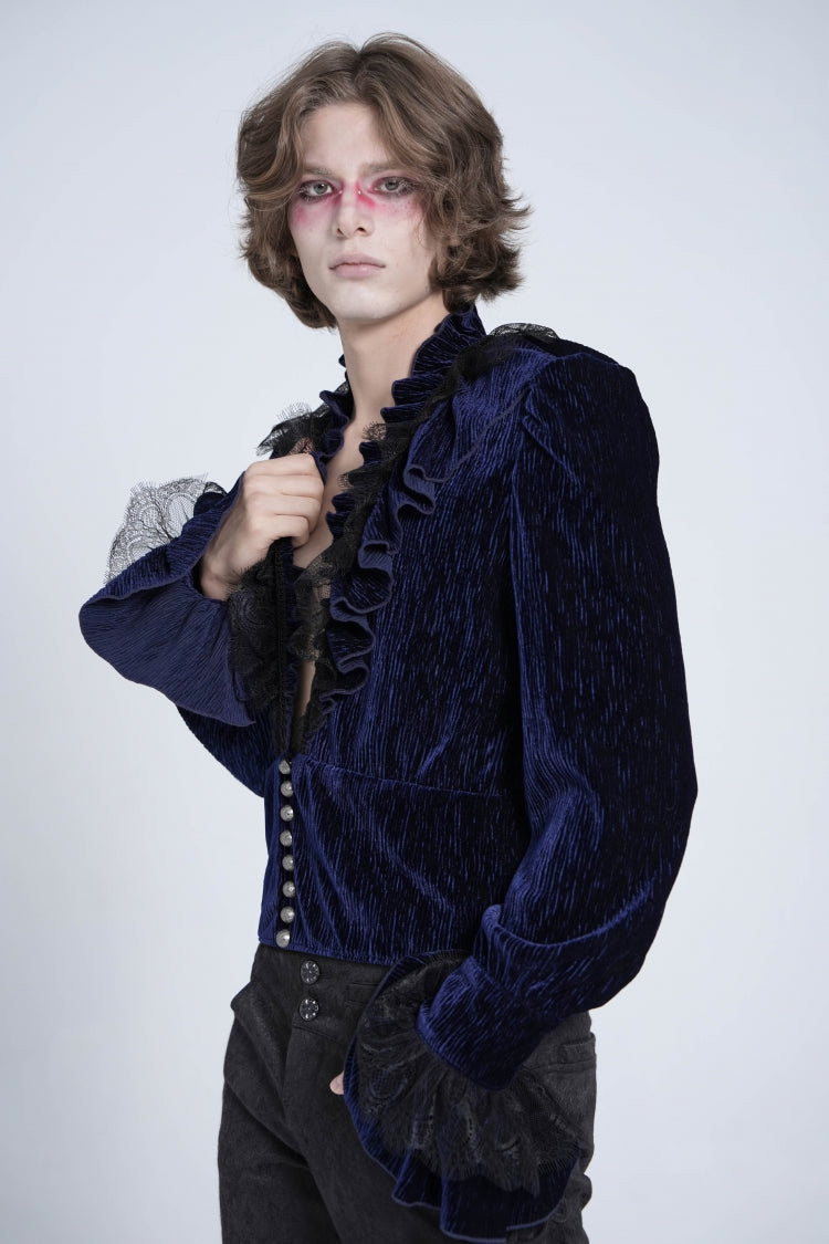 Blue V Collar Long Sleeves Ruffle Stitching Lace Men's Gothic Blouse