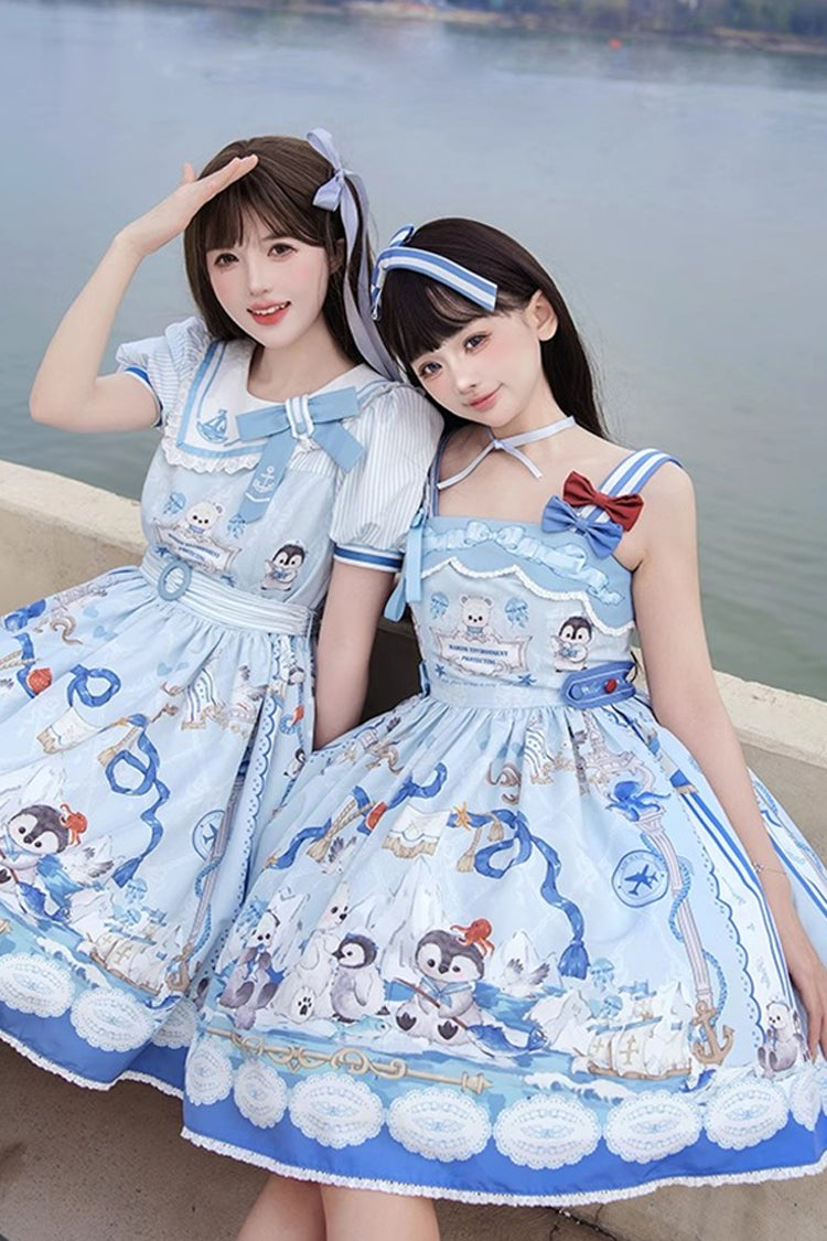 Blue [Penguin Navy] Print Ruffle Bowknot Sweet Princess Lolita Jsk Dress