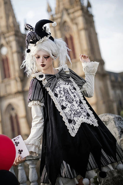 Black [Letters and Poems · Doll Mask] Poker Clown Long Sleeves Ruffled Bow Gothic Lolita Dress Set