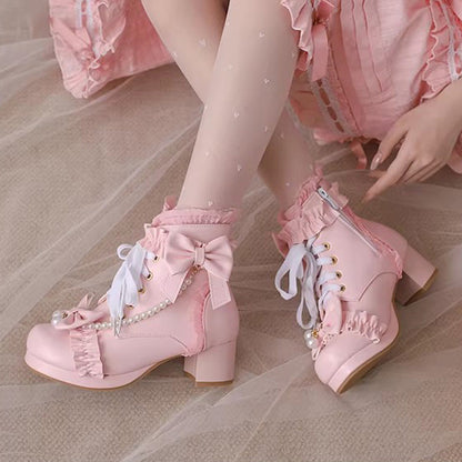 Sweet Ruffled Bow Pearl-Decorated Lolita Ankle Boots 3 Colors