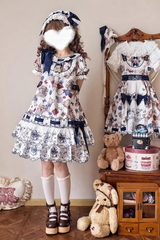 Multi-Color [Little Bear Tailor] Round Collar Short Sleeves Double-Layered Printed Ruffled Bow Sweet Lolita Dress