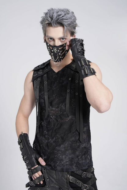 Black Sleeveless Eyelet Strap Distressed Men's Gothic Vest