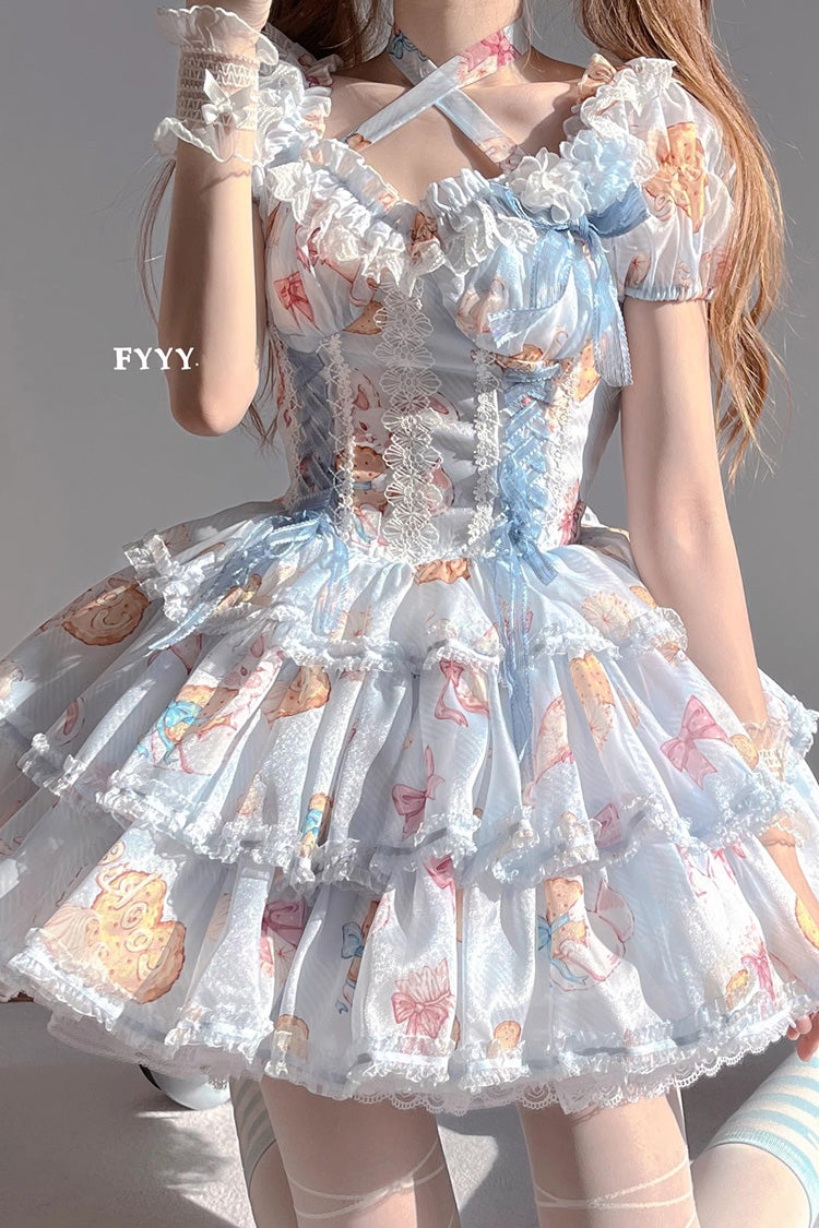Blue Short Sleeves Multi-layer Cookie Bunny Print Bowknot Sweet Lolita Dress