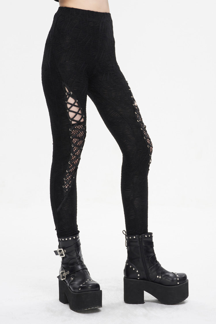 Black Strappy Mesh Splice Ruched Women's Punk Leggings