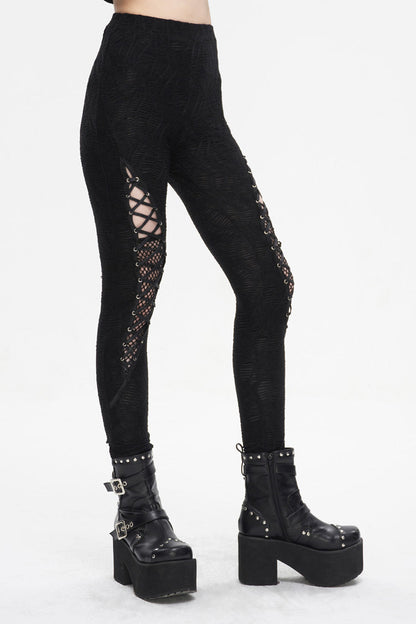 Black Strappy Mesh Splice Ruched Women's Punk Leggings