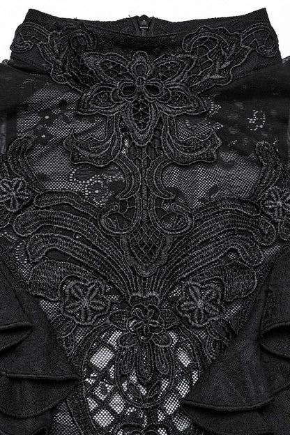 Black Stand Collar Short Sleeves Ruffle Hollow Embroidery Lace Sheer Women's Gothic Blouse