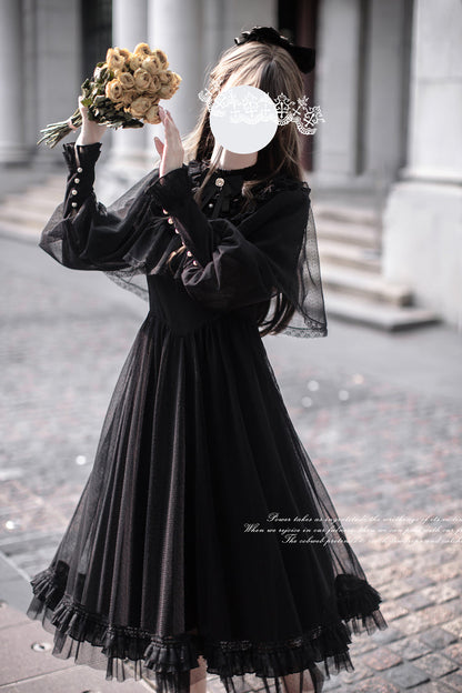 Black [Enchanted Nightdream] Long Sleeves Bowknot Lace Gothic Elegant Lolita Dress