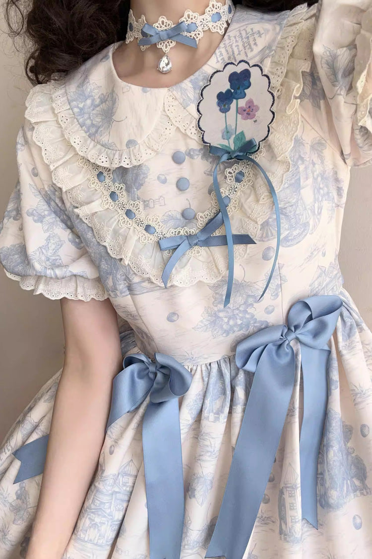Blue [Grape Moon Almanac] Short Sleeves Multi-Layered Printed Ruffled Bow Sweet Lolita Dress