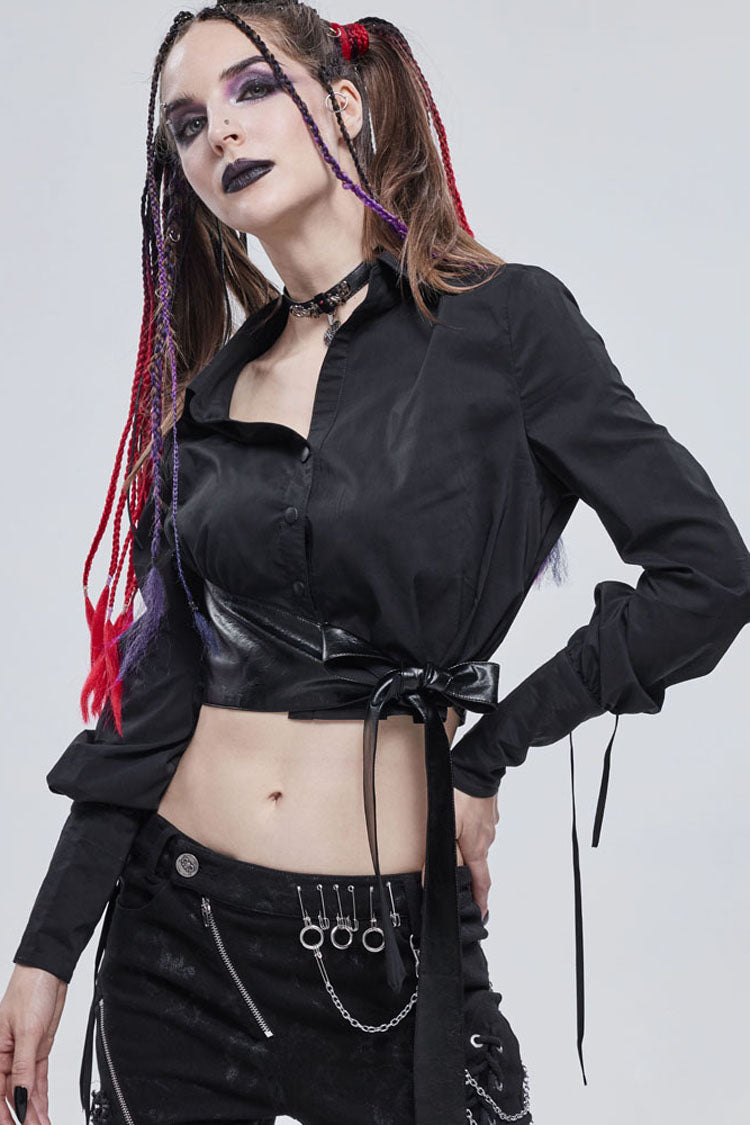 Black Punk Asymmetrical Neckline Buttonhole Cuffs With Cord Design Cropped Thin Texture Long Sleeve Women's Shirt