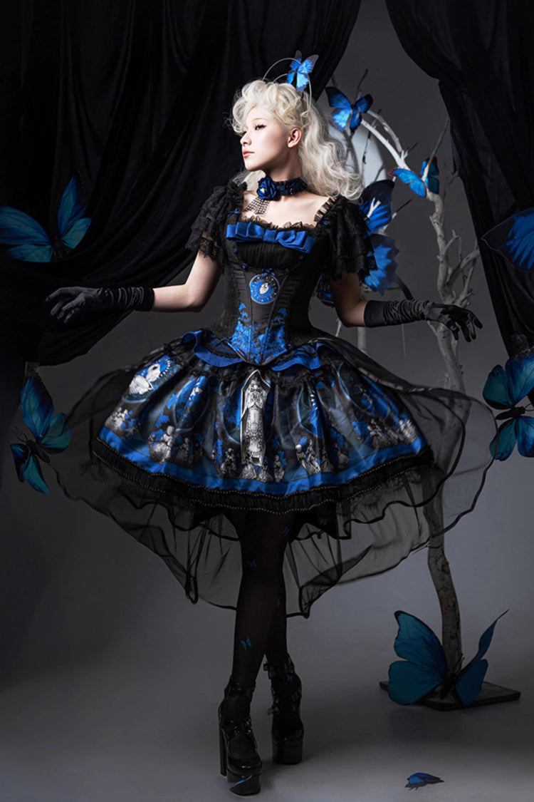 Blue [Dark Moon Corridor] Print Embroidery Gothic Lolita Dress Skirt