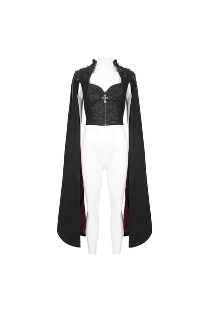Black Stand Collar Floral Embroidered Women's Gothic Shirt Cloak