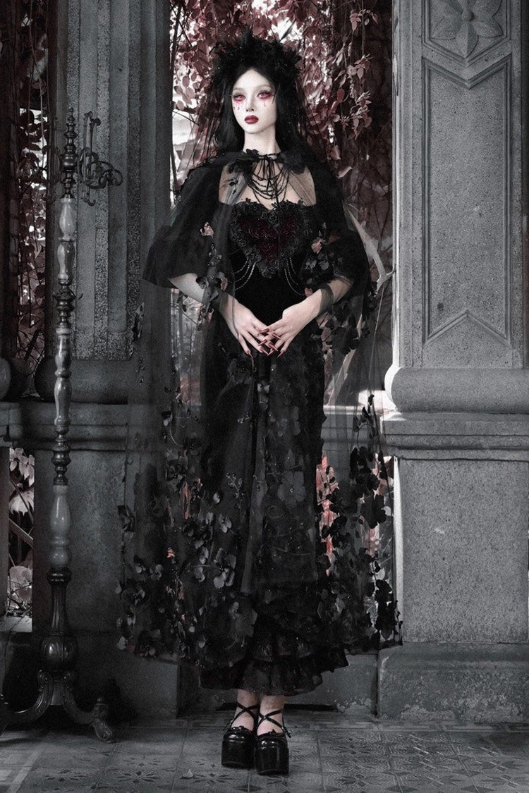 Black [Castle of Dark Romance] Square Collar Short Sleeves Multi-Layered Ruffled Embroidered Open-Front Lace Gothic Lolita Mermaid Dress
