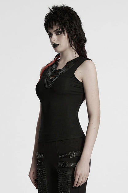 Black Sleeveless Plunging Stitching Mesh Women's Punk Vest