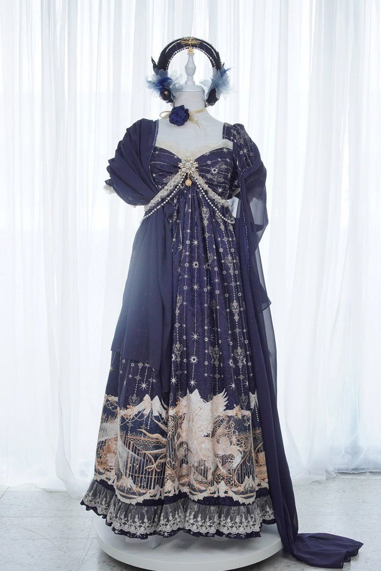 Blue [Unicorn] V Collar Short Sleeves Empire Motif Print Embroidery Bowknot Lace Sweet Elegant Lolita Dress