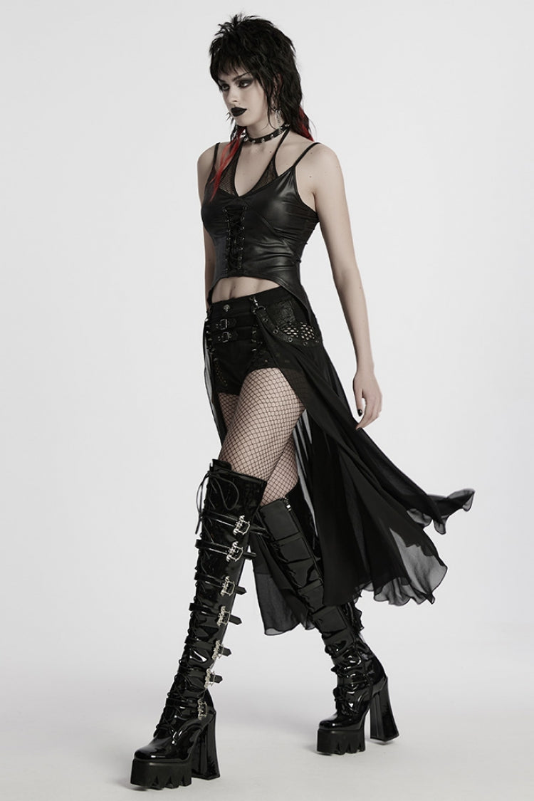 Black Women's Punk Studded Distressed Shorts with Detachable Kilt