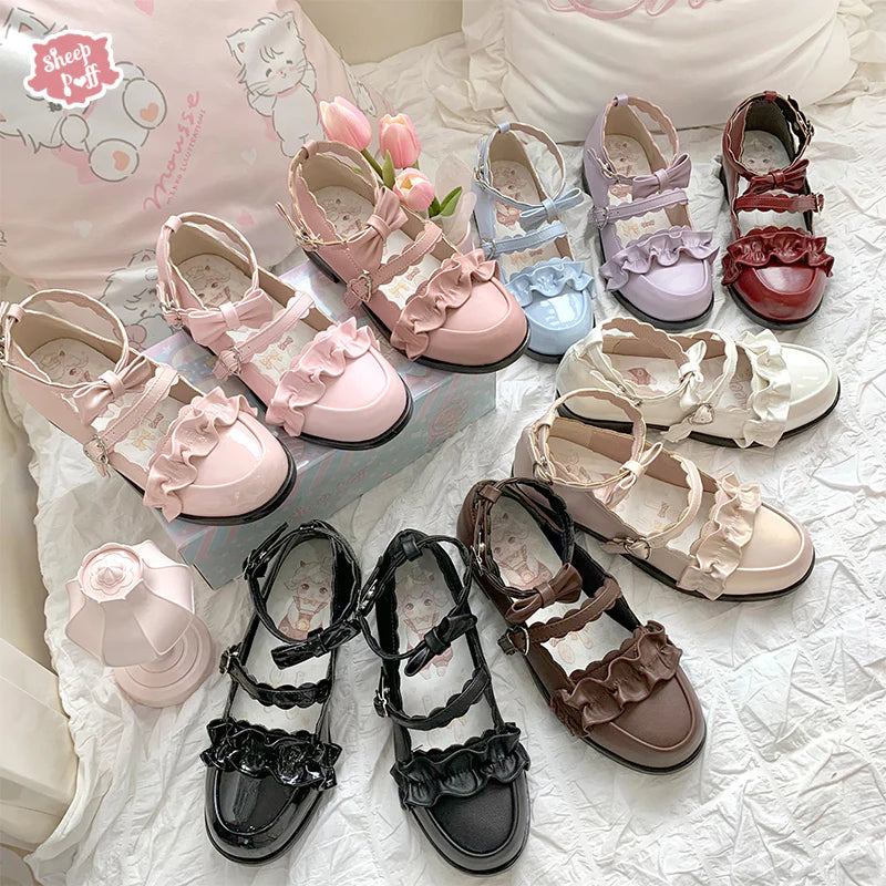 Sweet Ruffle Bowknot Japanese Lolita Shoes 15 Colors