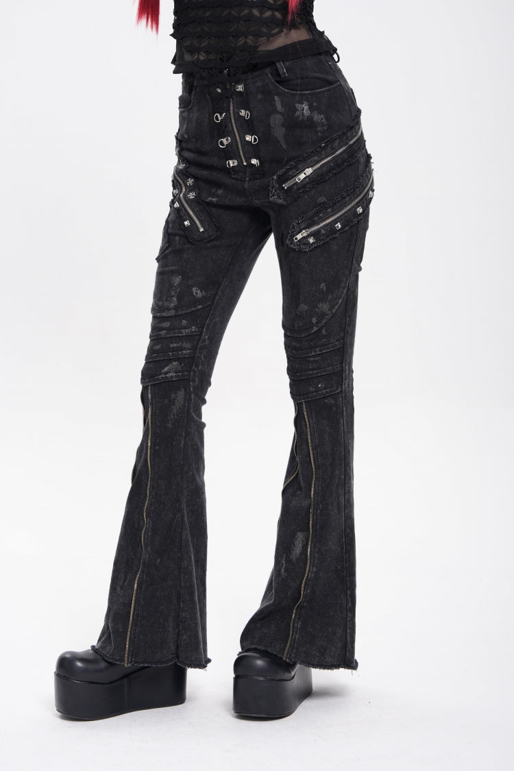 Black Zipper Pleated Women's Punk Flared Pants