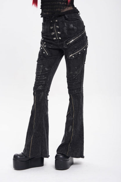 Black Zipper Pleated Women's Punk Flared Pants