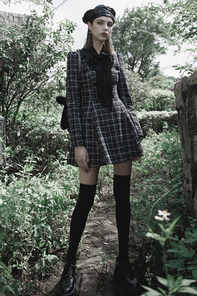 Black/White Small V-neck Tie Design Checked Woolen Cloth And Velvet Stitching Bow Collect Waist Women's Punk Dress