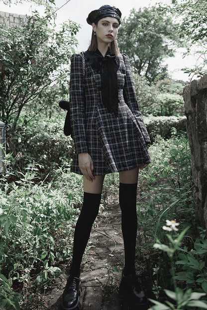 Black/White Small V-neck Tie Design Checked Woolen Cloth And Velvet Stitching Bow Collect Waist Women's Punk Dress