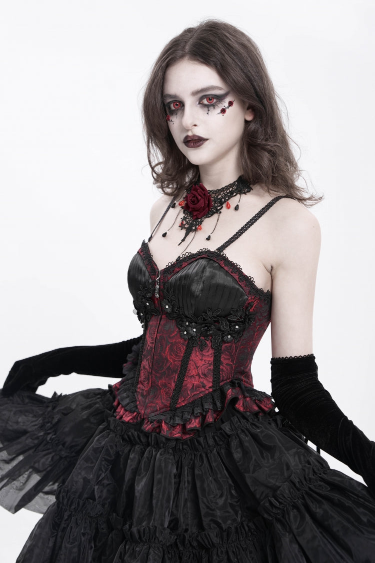 Red Sleeveless Ruffle Embroidery Lace-Up Women's Gothic Tank Top