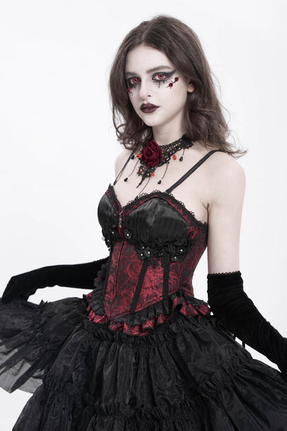 Red Sleeveless Ruffle Embroidery Lace-Up Women's Gothic Tank Top