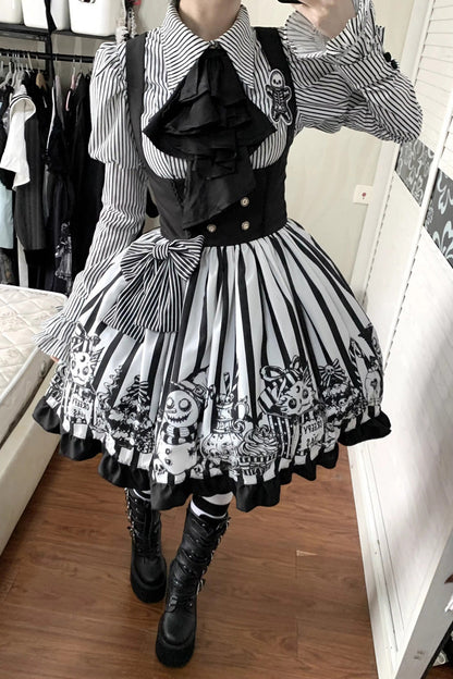 Black/White [A Weird Christmas] Sleeveless Printed Ruffled Gothic Lolita Bust-Support JSK Dress
