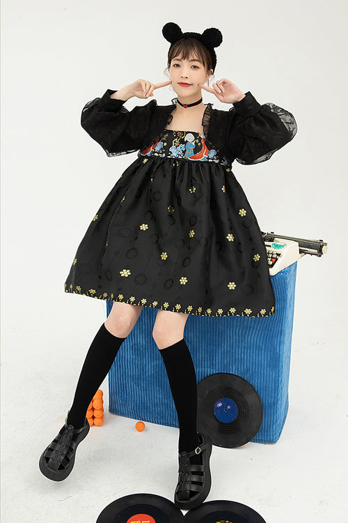 Black Square Neck Organza Print Ruffled Lantern Sleeves High Waisted Sweet Lolita OP Dress