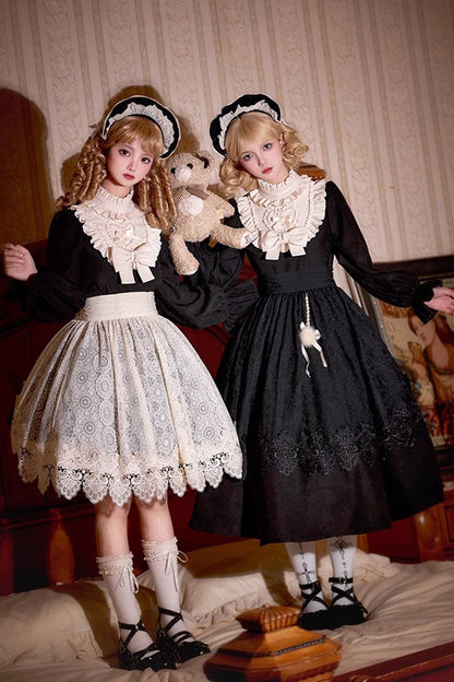 Black [Twilight Choir] Long Sleeves Bowknot Lace Sweet Vintage Lolita Dress 2 Versions