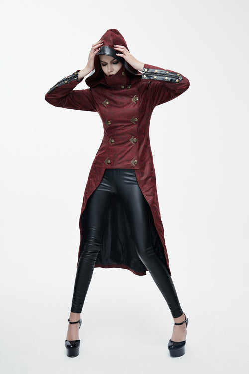 Red Short In Front And Long In Back Punk Long Leather Womens Coat