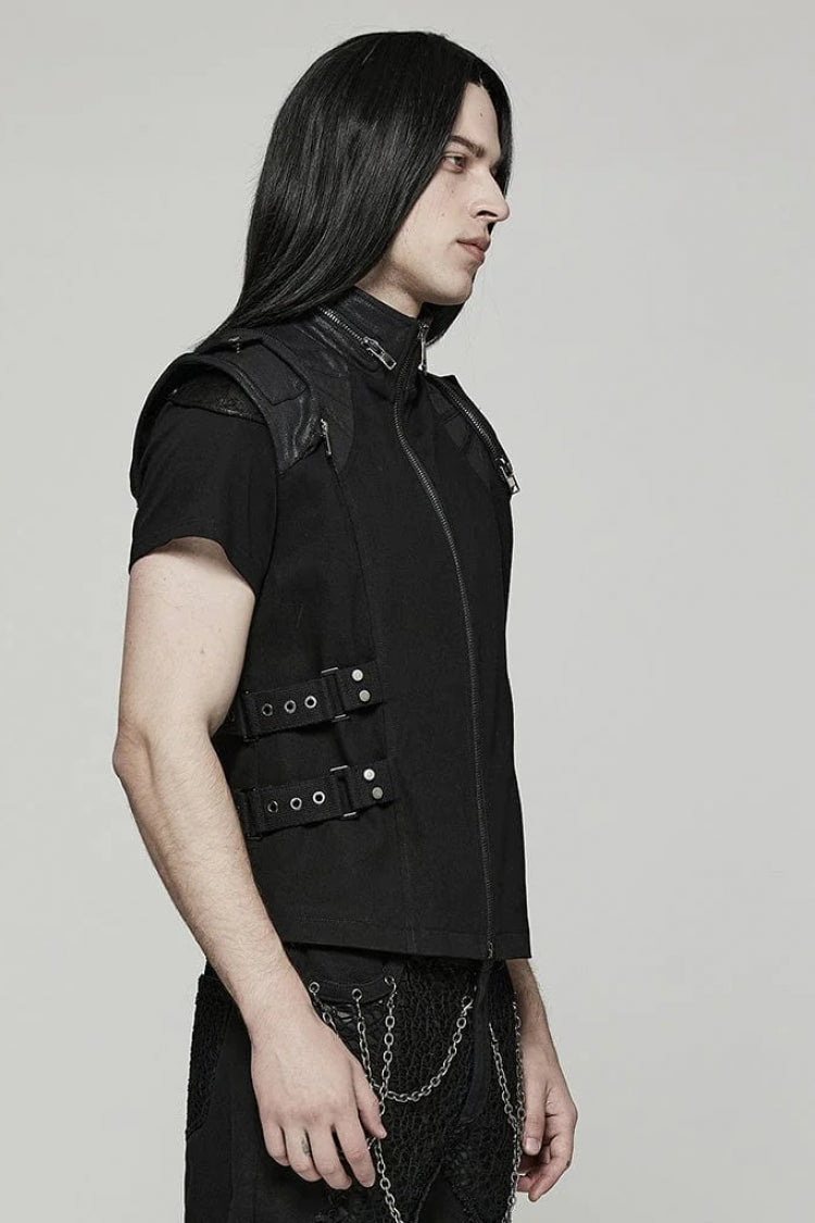 Black Stand Collar Side Waist Webbing Decorative Stitching Mens Steampunk Vest
