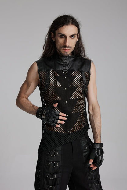 Black Stand Collar Sleeveless Mesh Triangle Eyelets Men's Punk Vest