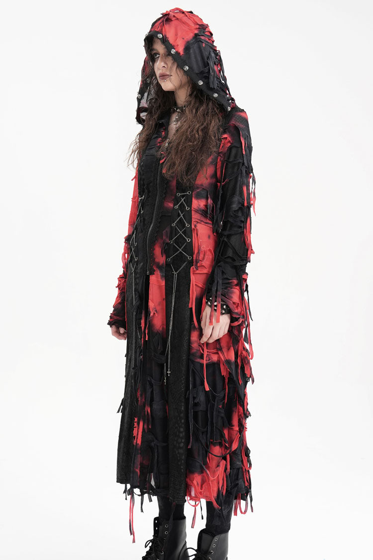 Black/Red Long Sleeves Lace Ripped Zipper Women's Punk Coat