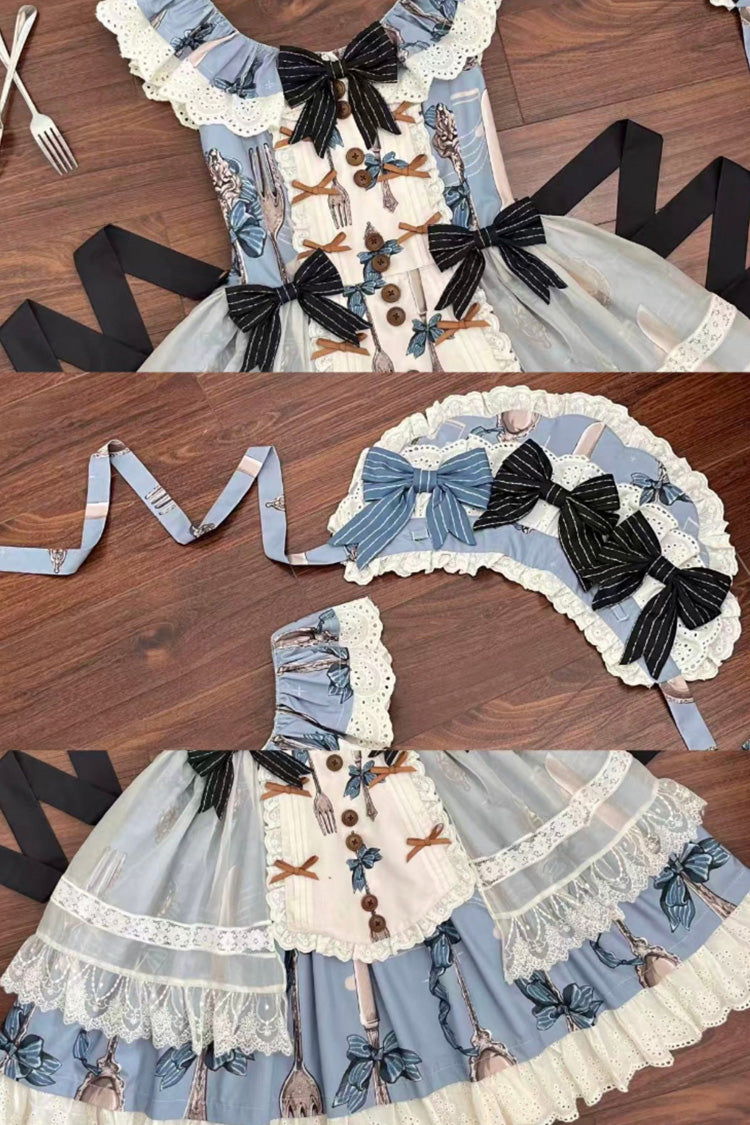 Blue [The Witch’s Banquet] Sleeveless Printed Ruffled Embroidered Bow Lace Sweet Lolita Jsk Dress