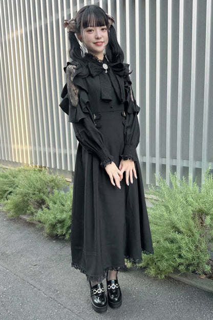 Black Stand Collar Off Shoulder Long Sleeves Hollow Bowknot Slim Jirai Kei Japanese Dress