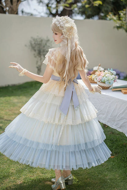 Blue [Sincere Vow] Edwardian Collar Short Sleeves Ombre Multi-Layered Ruffled Embroidered Sweet Lolita Dress